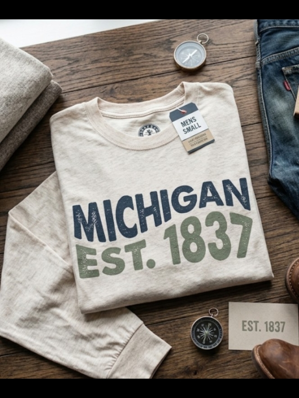 Michigan Est. 1837 Long Sleeve Graphic Tee - Beige